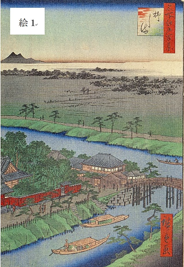 江戸時代末期の浮世絵画家安藤広重画「名所江戸百景」の中に北十間川と横十間川の交流点と柳島妙見堂・柳島橋を描いた版画「柳しま」'' 江戸時代末期の浮世絵画家安藤広重画「名所江戸百景」の中に北十間川と横十間川の交流点と柳島妙見堂・柳島橋を描いた版画「柳しま」''